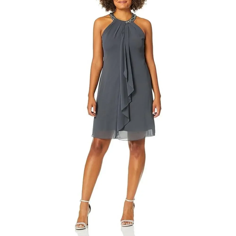 NEW SL Fashions Jewel Braid Halter Chiffon Dress Cocktail Formal Women's 14 - Picture 1 of 12